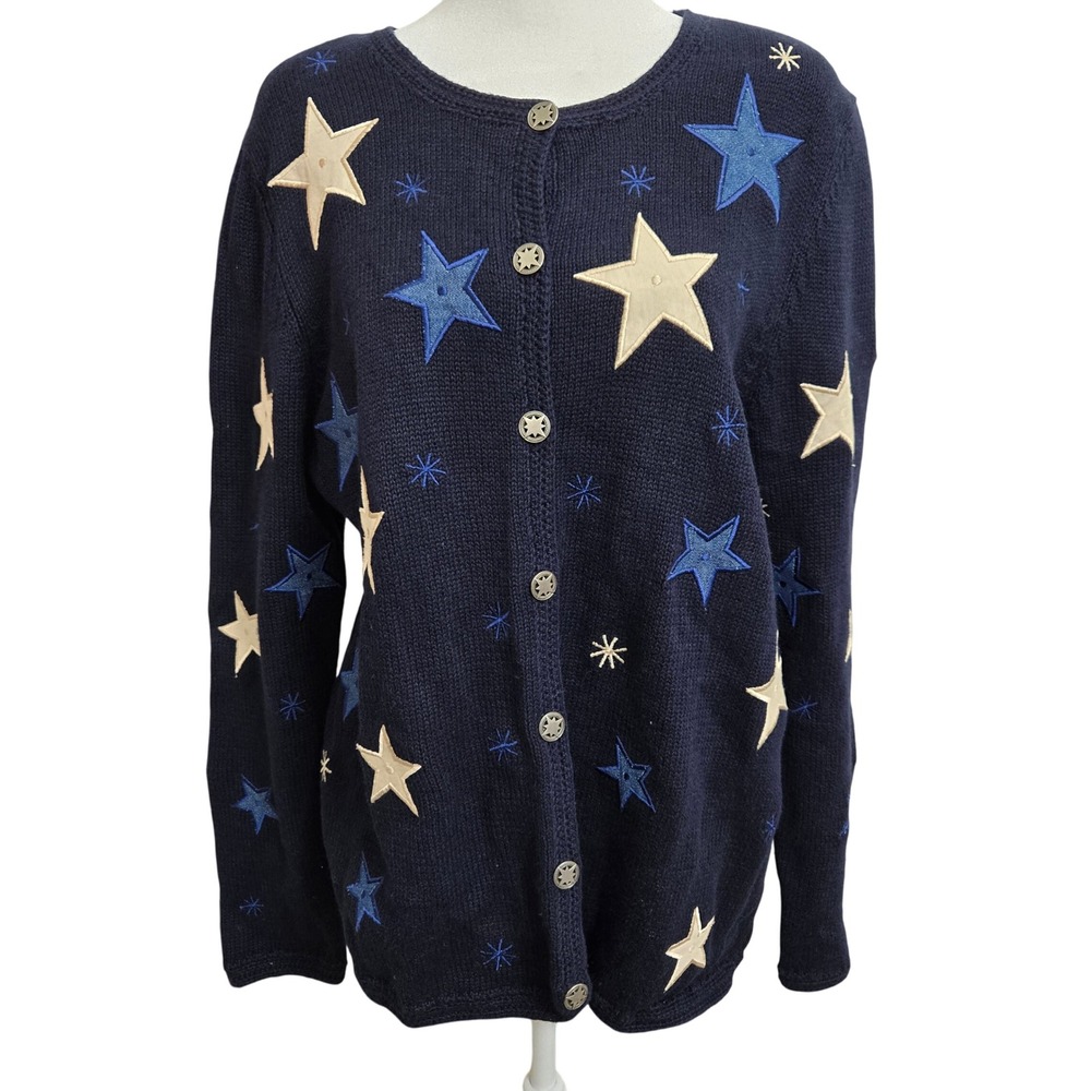 CJ Banks Blue Star‎ Applique Button Front  Sweater Women's X Vintage Whimsical